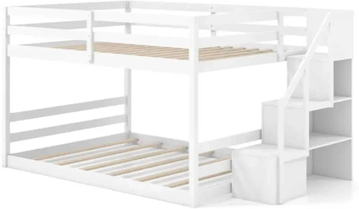 Hivvago Solid Wood Full Over Full Low Bunk Bed with Storage Stairs