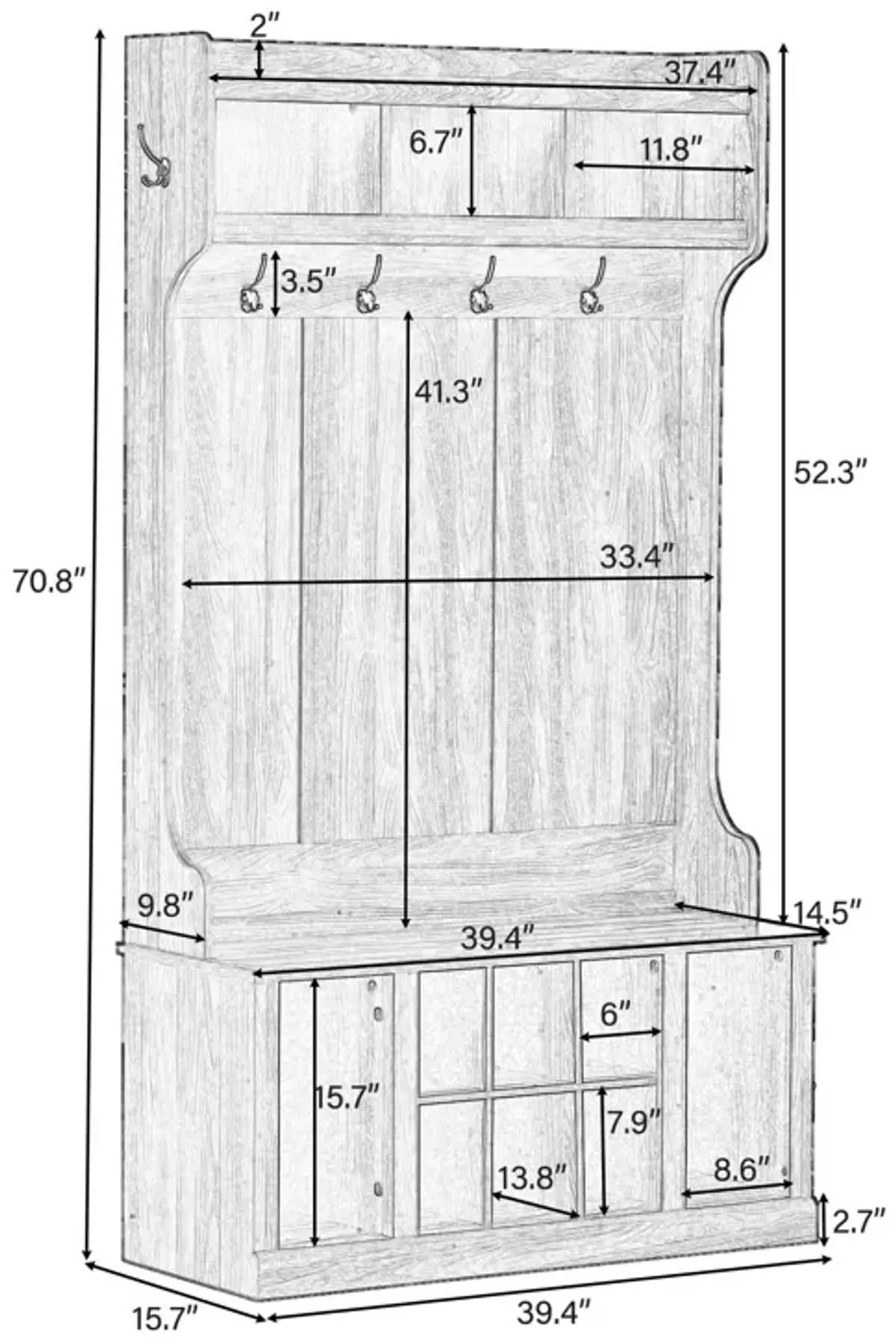 Tree with 6 Hooks , Coat Hanger, Entryway Bench, Storage Bench, 3-in-1 Design, 39.4INCH, for Entrance, Hallway(Tiger)