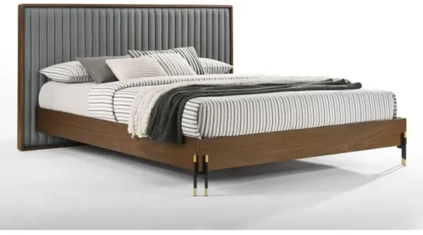 Noe Sia Queen Size Platform Bed, Channel Tufted Upholstery, Gray, Brown - Benzara