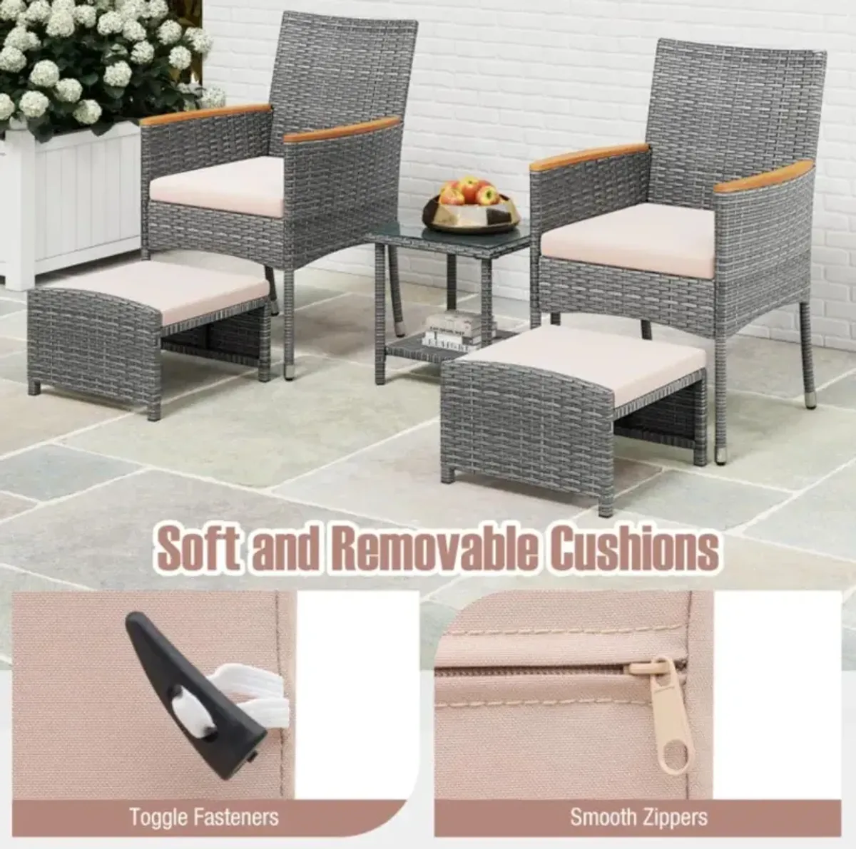 Hivvago 5 Pieces Patio Conversation Set with Soft Cushions and Ottomans