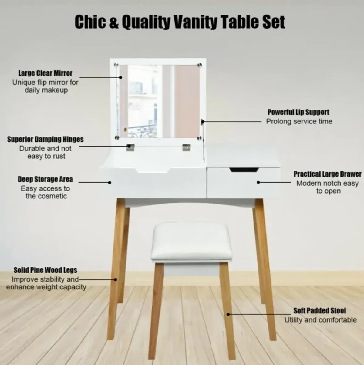 Hivvago Wooden Vanity Table with Flip Top Mirror and Cushioned Stool