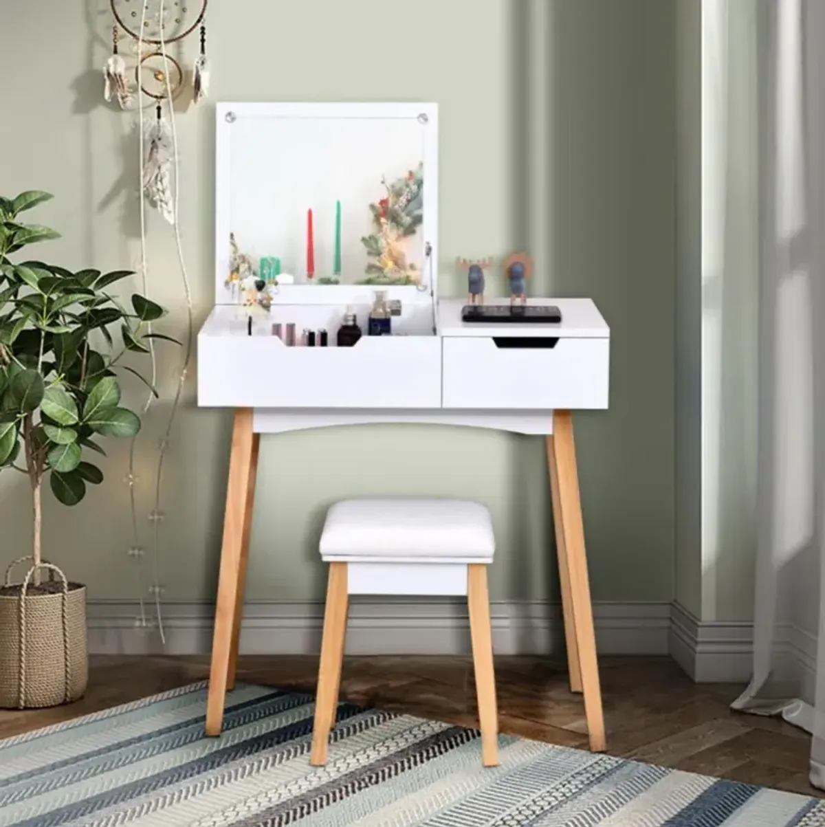 Hivvago Wooden Vanity Table with Flip Top Mirror and Cushioned Stool