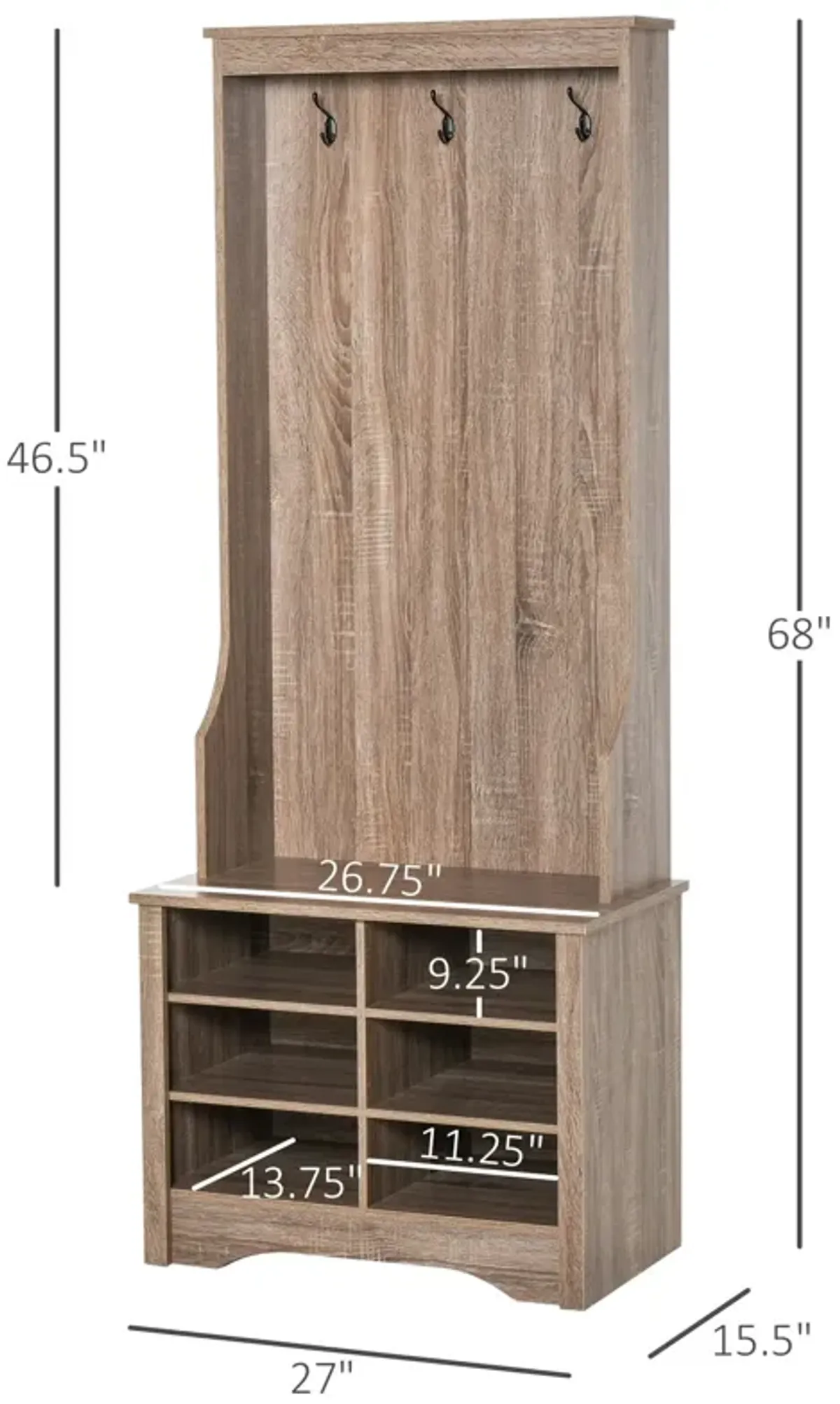 Brown Hall Organizer: Wooden Coat Rack with Shoe Bench and Hooks