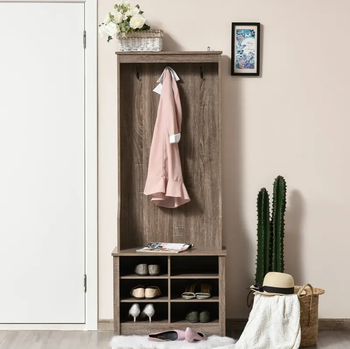 Brown Hall Organizer: Wooden Coat Rack with Shoe Bench and Hooks