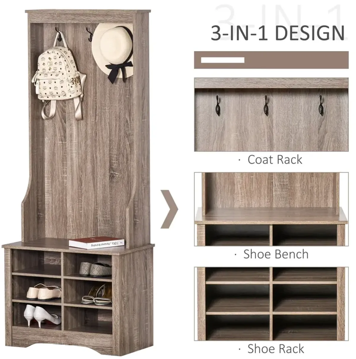 Brown Hall Organizer: Wooden Coat Rack with Shoe Bench and Hooks