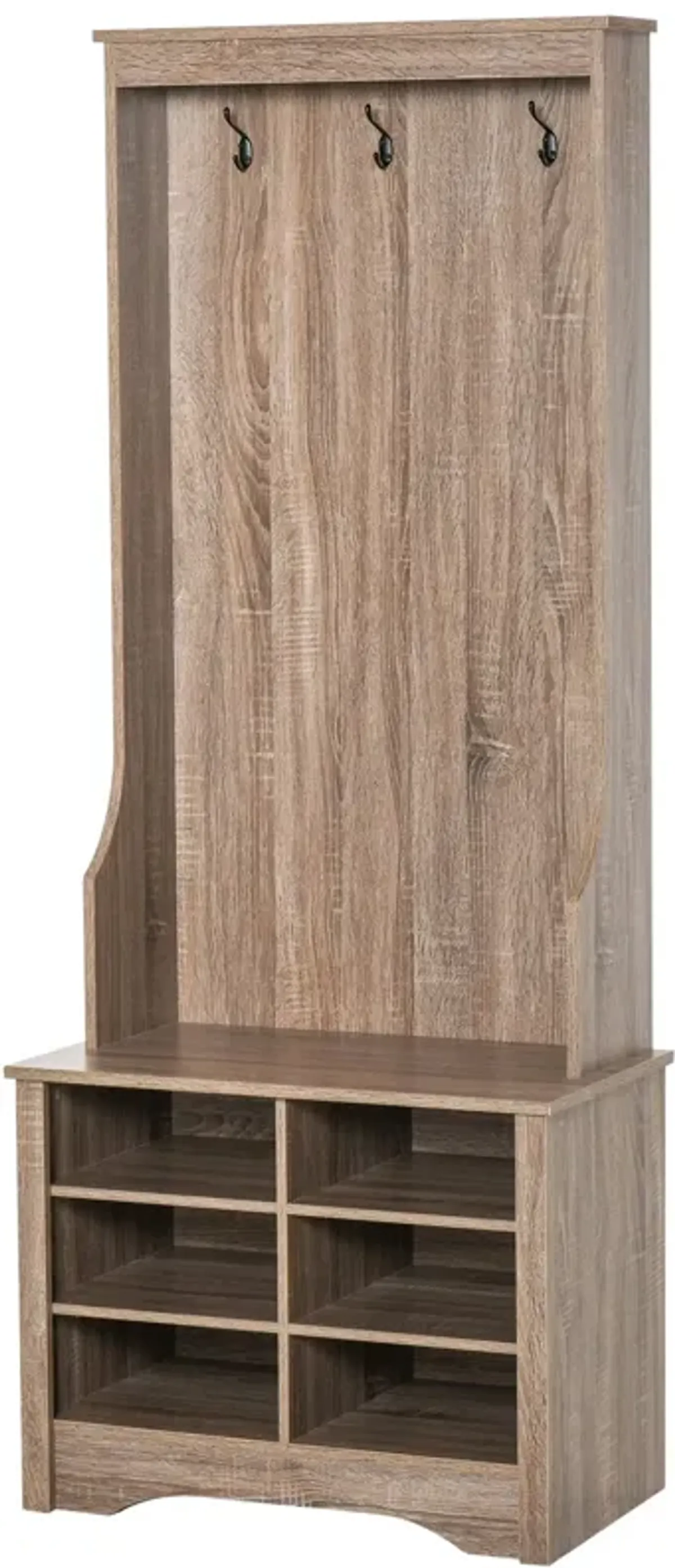 Brown Hall Organizer: Wooden Coat Rack with Shoe Bench and Hooks