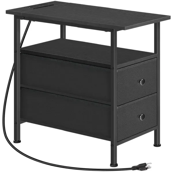 HOOBRO End Table with Charging Station, Narrow Side Table, Nightstand with 2 Non-Woven Drawers, Slim Sofa Side Table, for Small