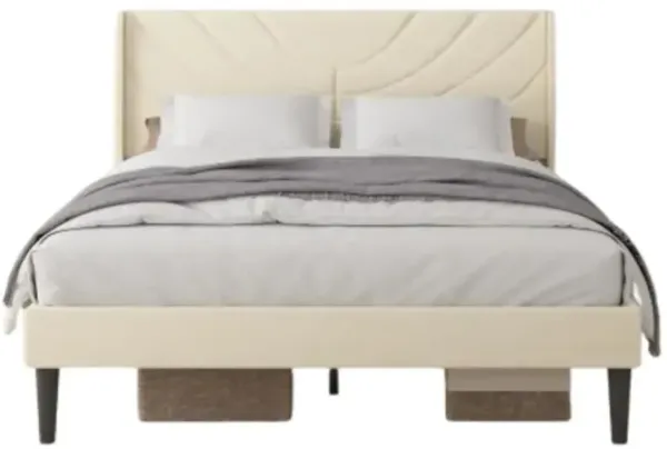 Upholstered Platform Queen Bed Frame With Fabric Headboard,Wooden Slats Support/No Box Spring Needed/Mattress Foundation,Beige