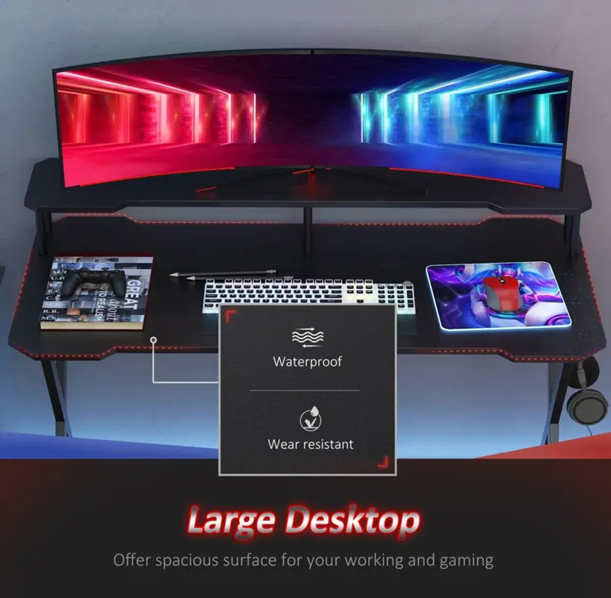 Black Gamer's Paradise: 55" Racing Style Desk with Monitor Stand