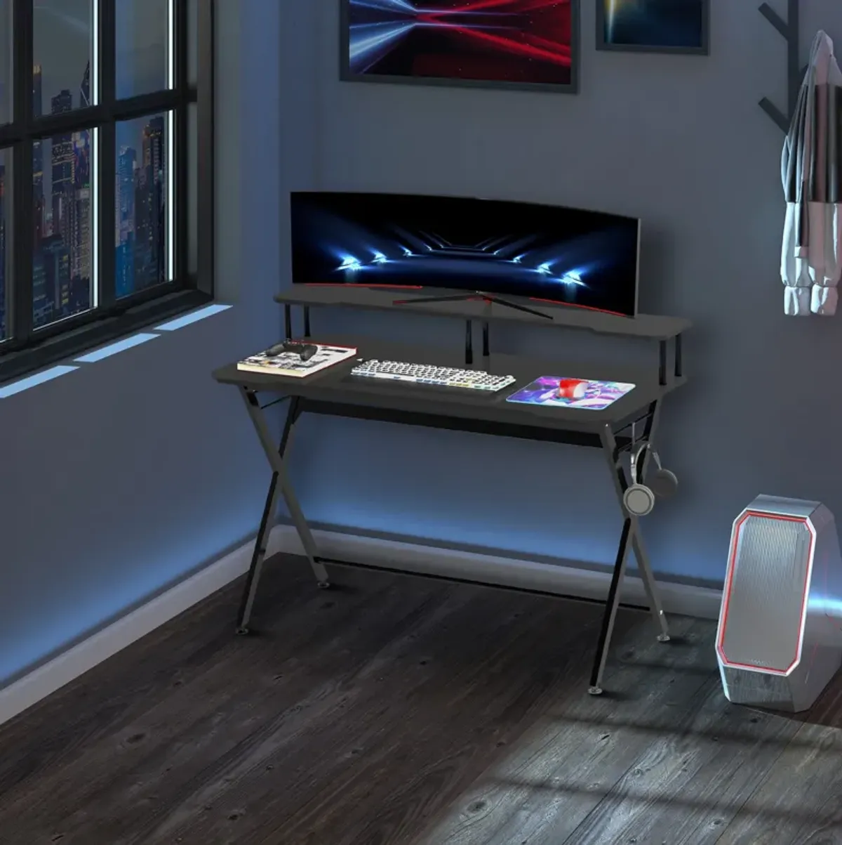 Black Gamer's Paradise: 55" Racing Style Desk with Monitor Stand