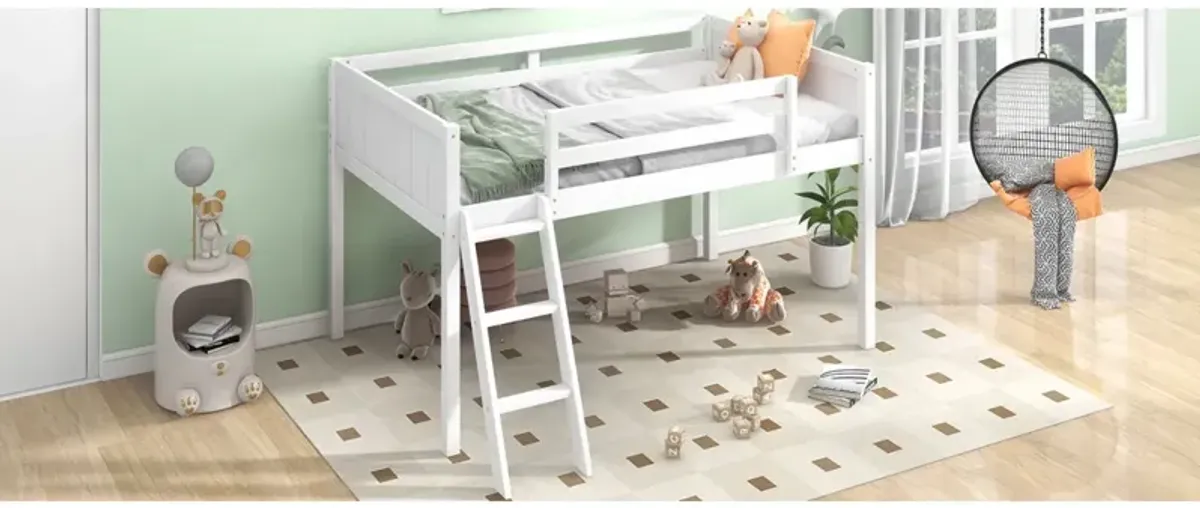 Twin Size Wood Low Loft Bed With Ladder, Ladder Can Be Placed On The Left Or Right, White