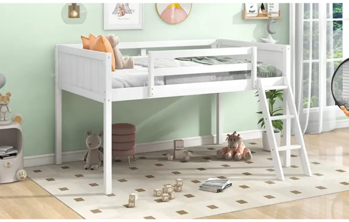 Twin Size Wood Low Loft Bed With Ladder, Ladder Can Be Placed On The Left Or Right, White