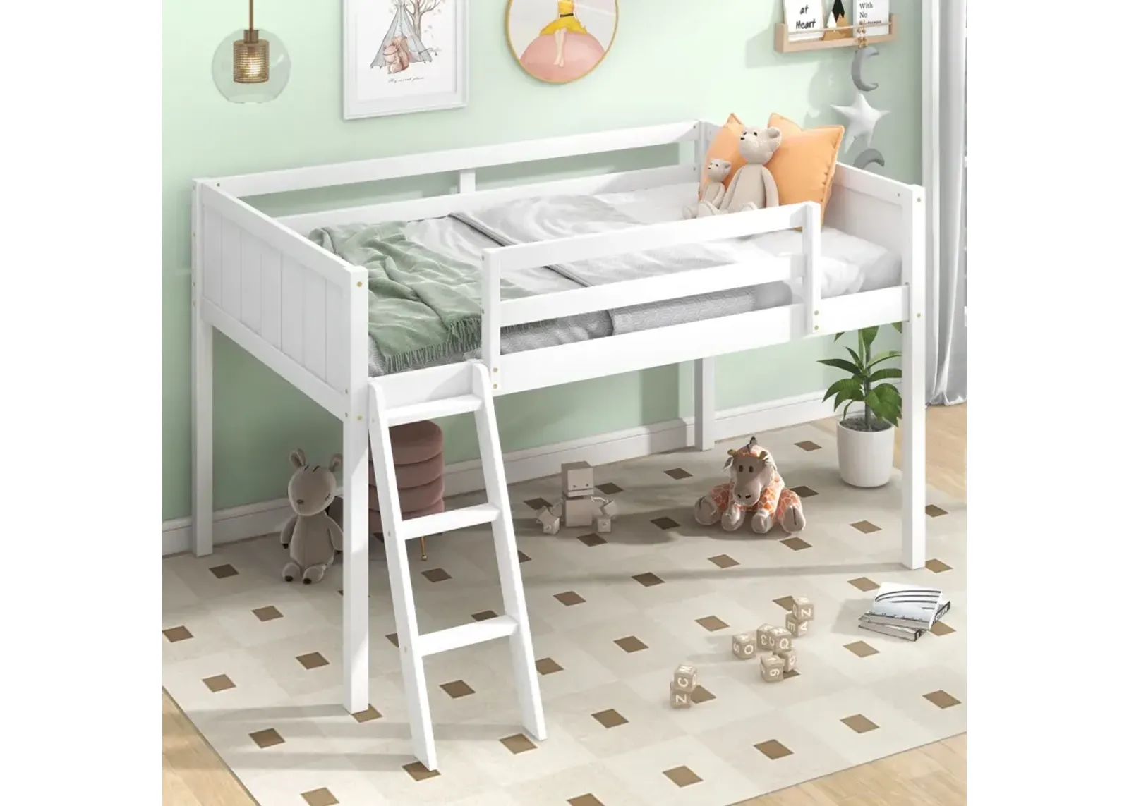 Twin Size Wood Low Loft Bed With Ladder, Ladder Can Be Placed On The Left Or Right, White