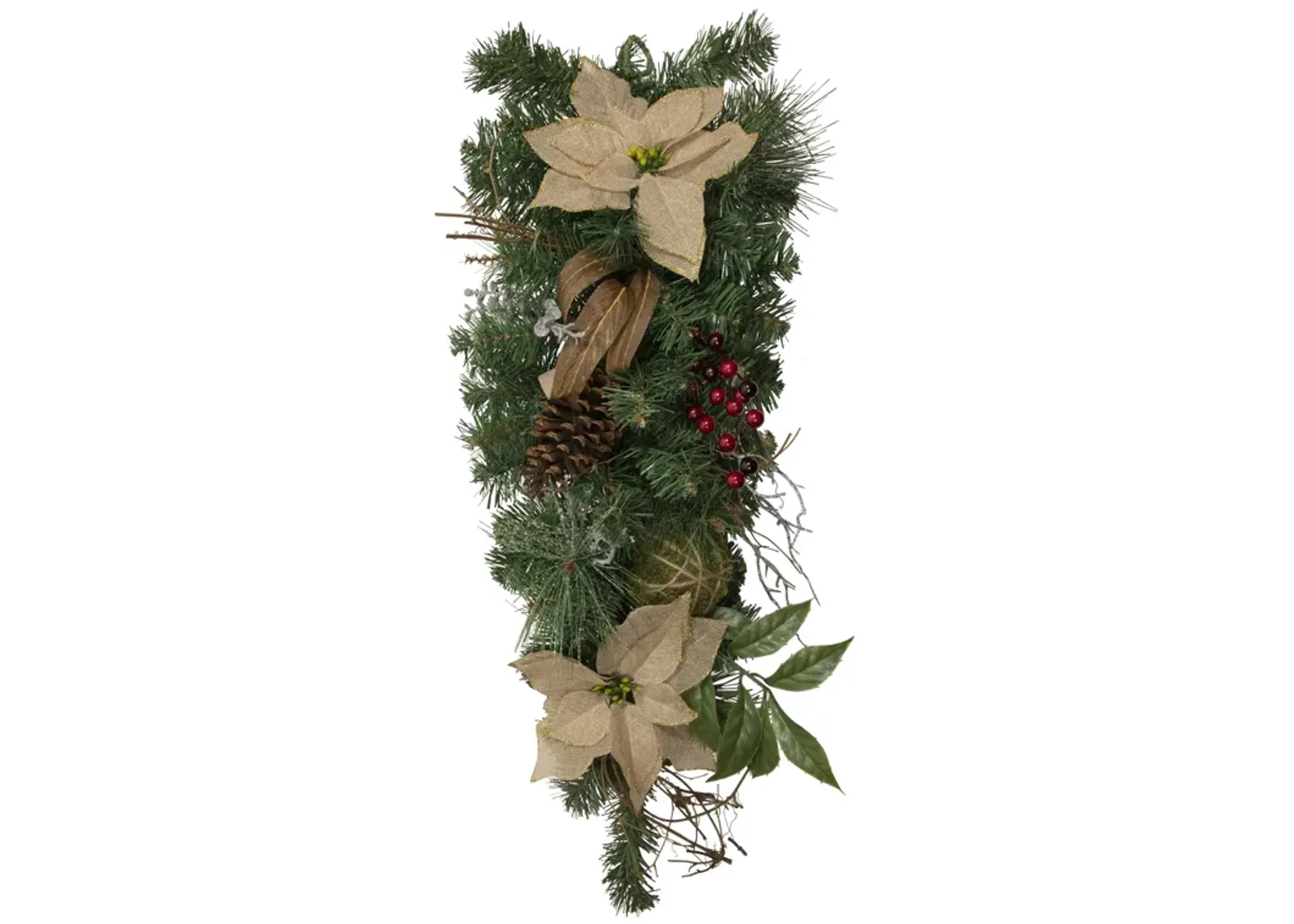 28" Mixed Pine Berry and Poinsettia Artificial Christmas Teardrop Swag - Unlit