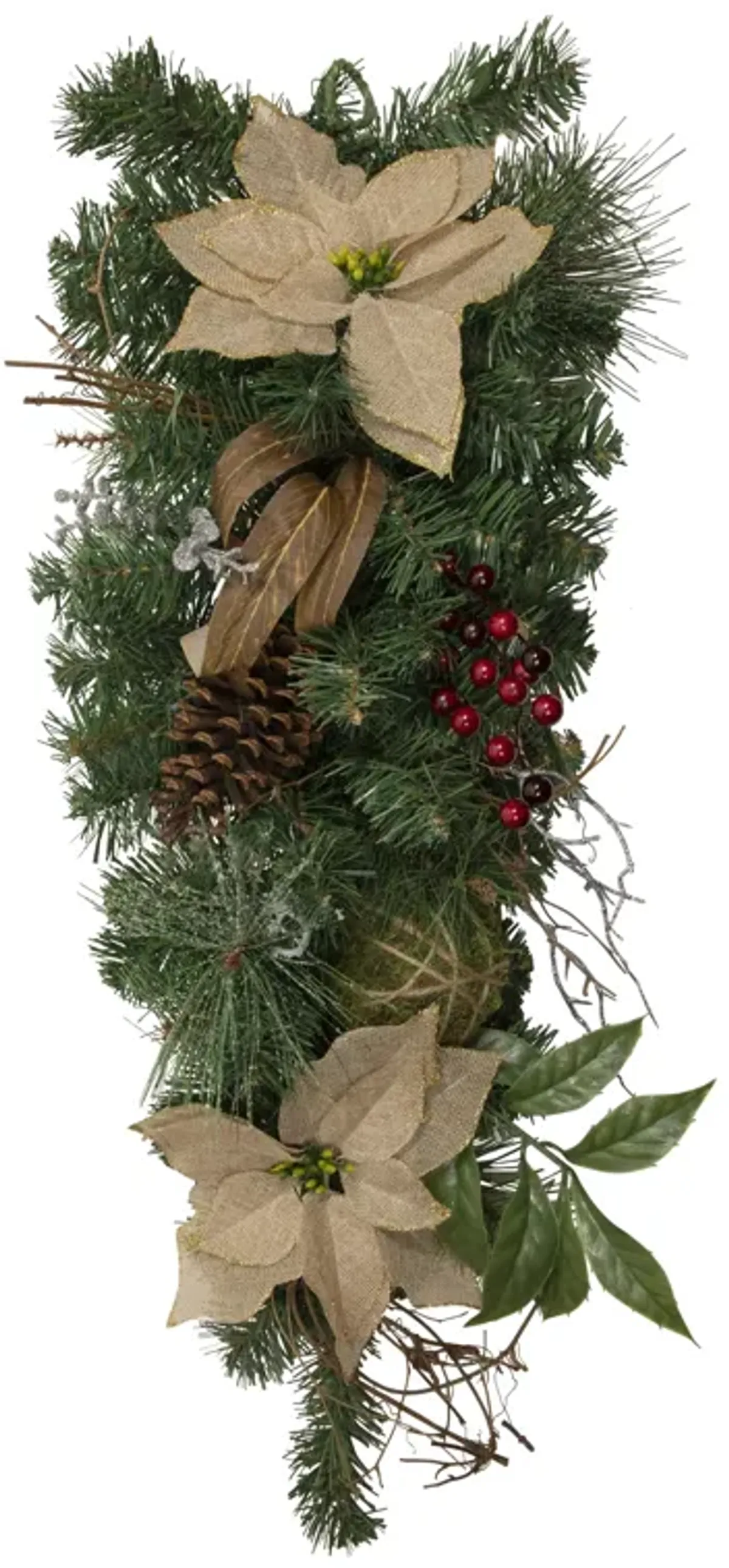 28" Mixed Pine Berry and Poinsettia Artificial Christmas Teardrop Swag - Unlit