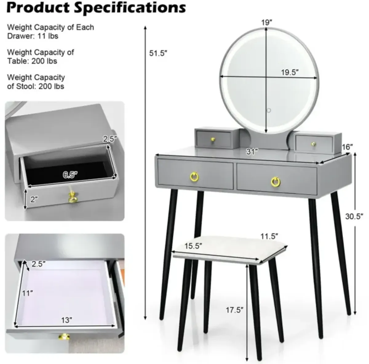 Hivvago Vanity Table Set with Mirror