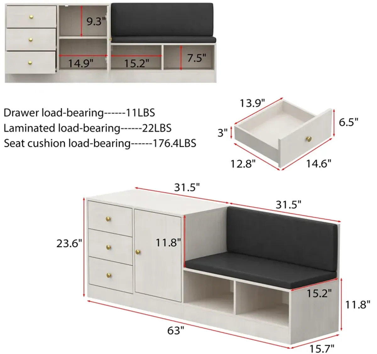 FUFU&GAGA Storage Bench with Cushion Seating, 3 Drawers, Shelving Units, (63" W x 15.7" D x 23.6" H), White