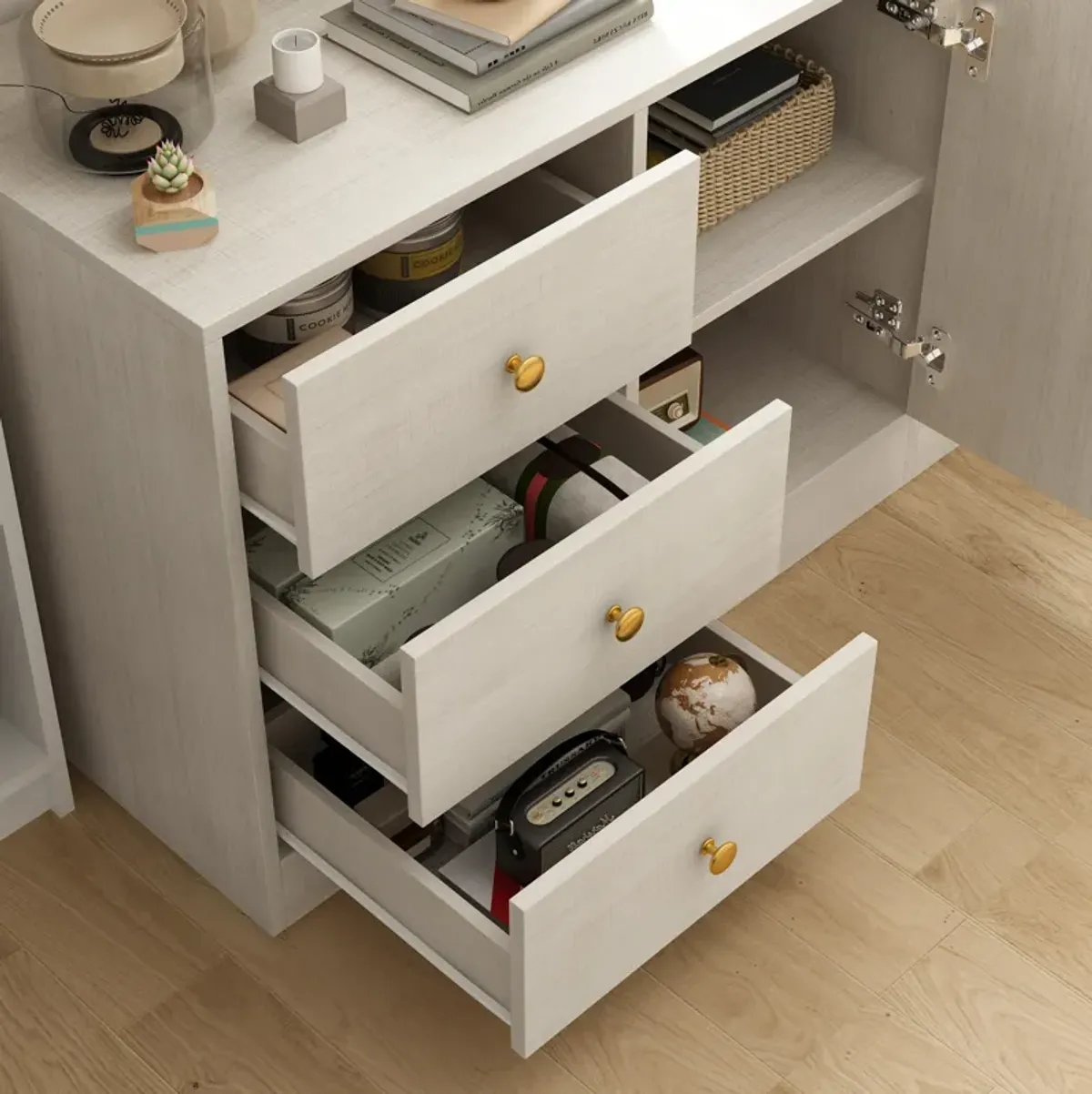 FUFU&GAGA Storage Bench with Cushion Seating, 3 Drawers, Shelving Units, (63" W x 15.7" D x 23.6" H), White