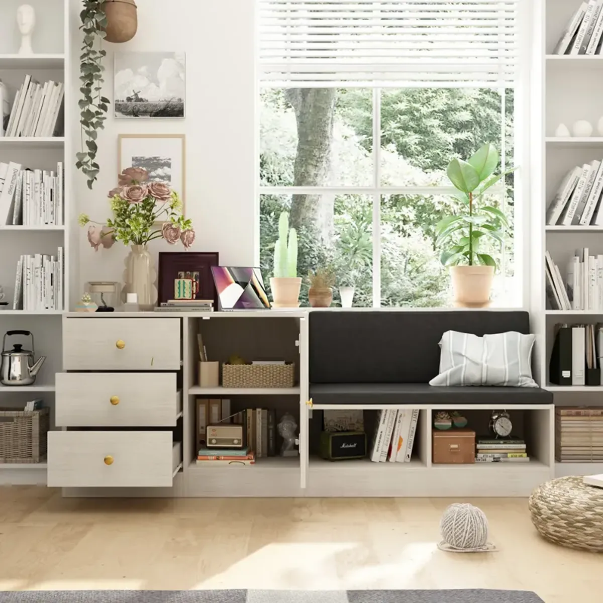 FUFU&GAGA Storage Bench with Cushion Seating, 3 Drawers, Shelving Units, (63" W x 15.7" D x 23.6" H), White