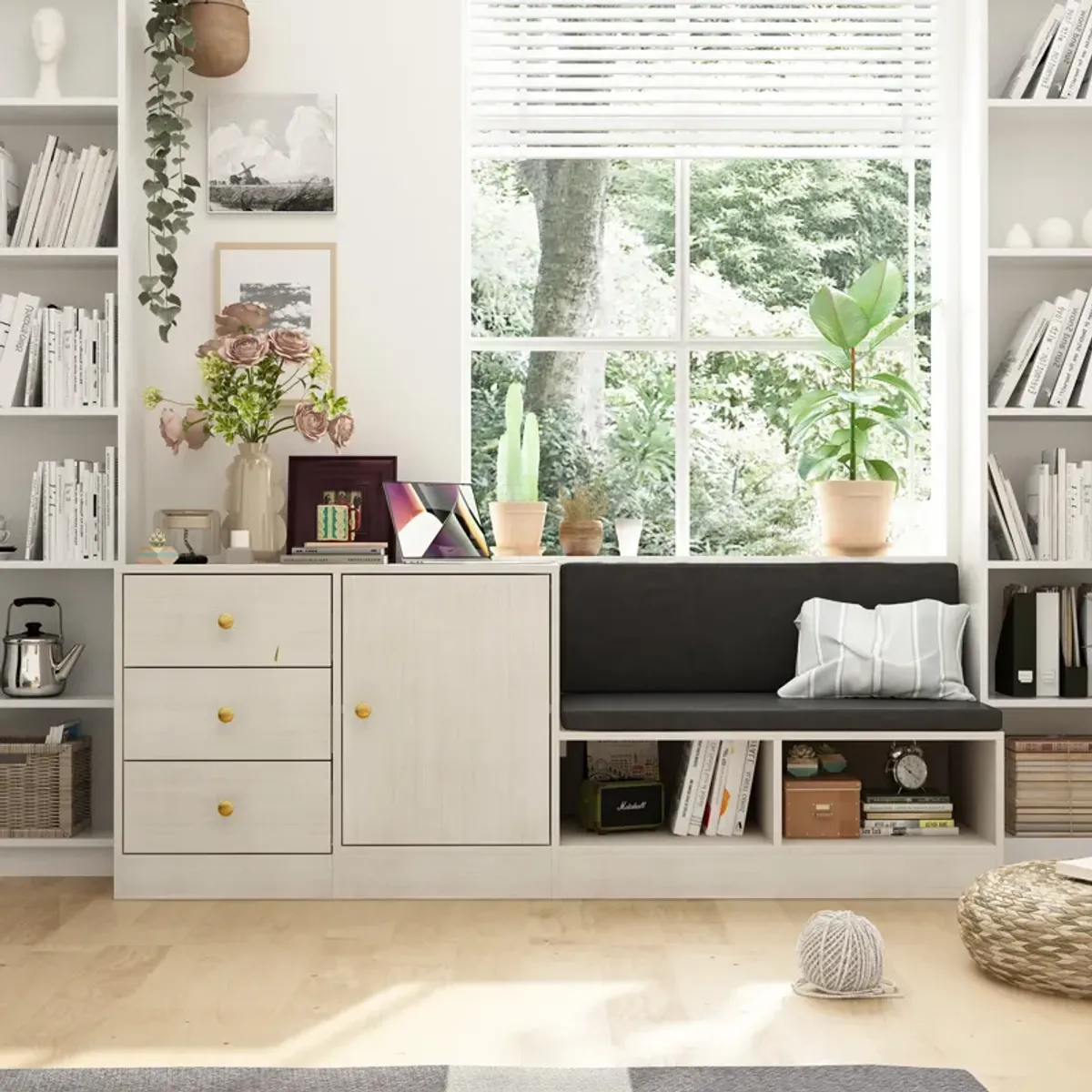 FUFU&GAGA Storage Bench with Cushion Seating, 3 Drawers, Shelving Units, (63" W x 15.7" D x 23.6" H), White