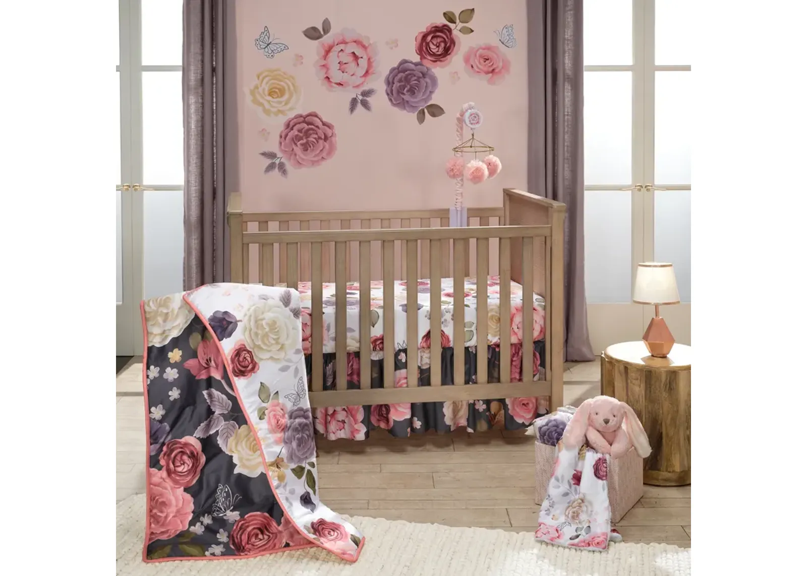 Lambs & Ivy Secret Garden Luxury Floral 3-Piece Cotton Sateen Crib Bedding Set