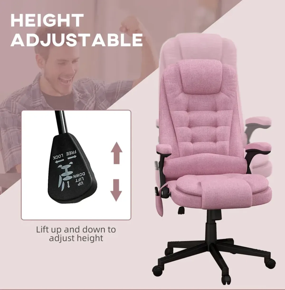 Pink Linen Massage Office Chair: Heated, Reclining, Remote