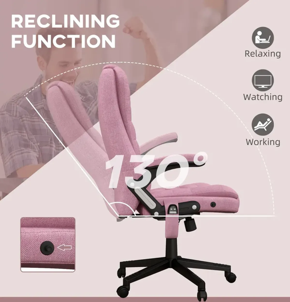 Pink Linen Massage Office Chair: Heated, Reclining, Remote