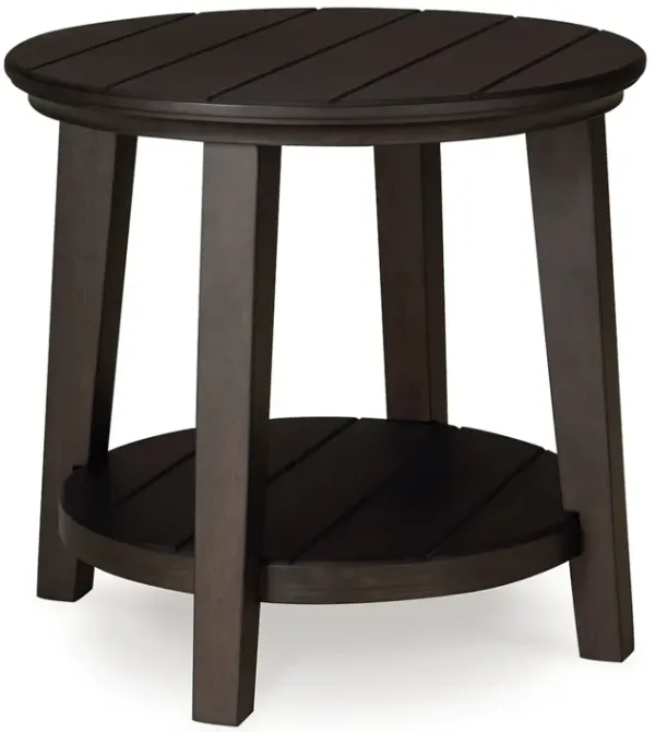 Liu Side End Table w Bottom Shelf, 26 Inch Round Cherry Brown Plank - Benzara