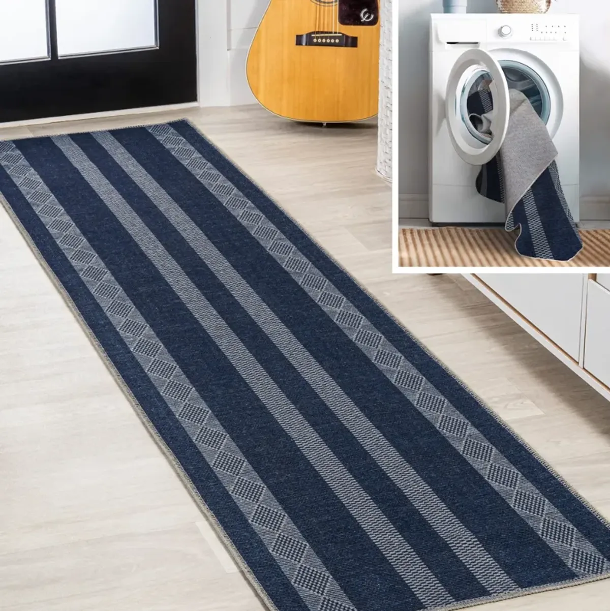 Nautisk Trellis Stripe Machine Washable Area Rug