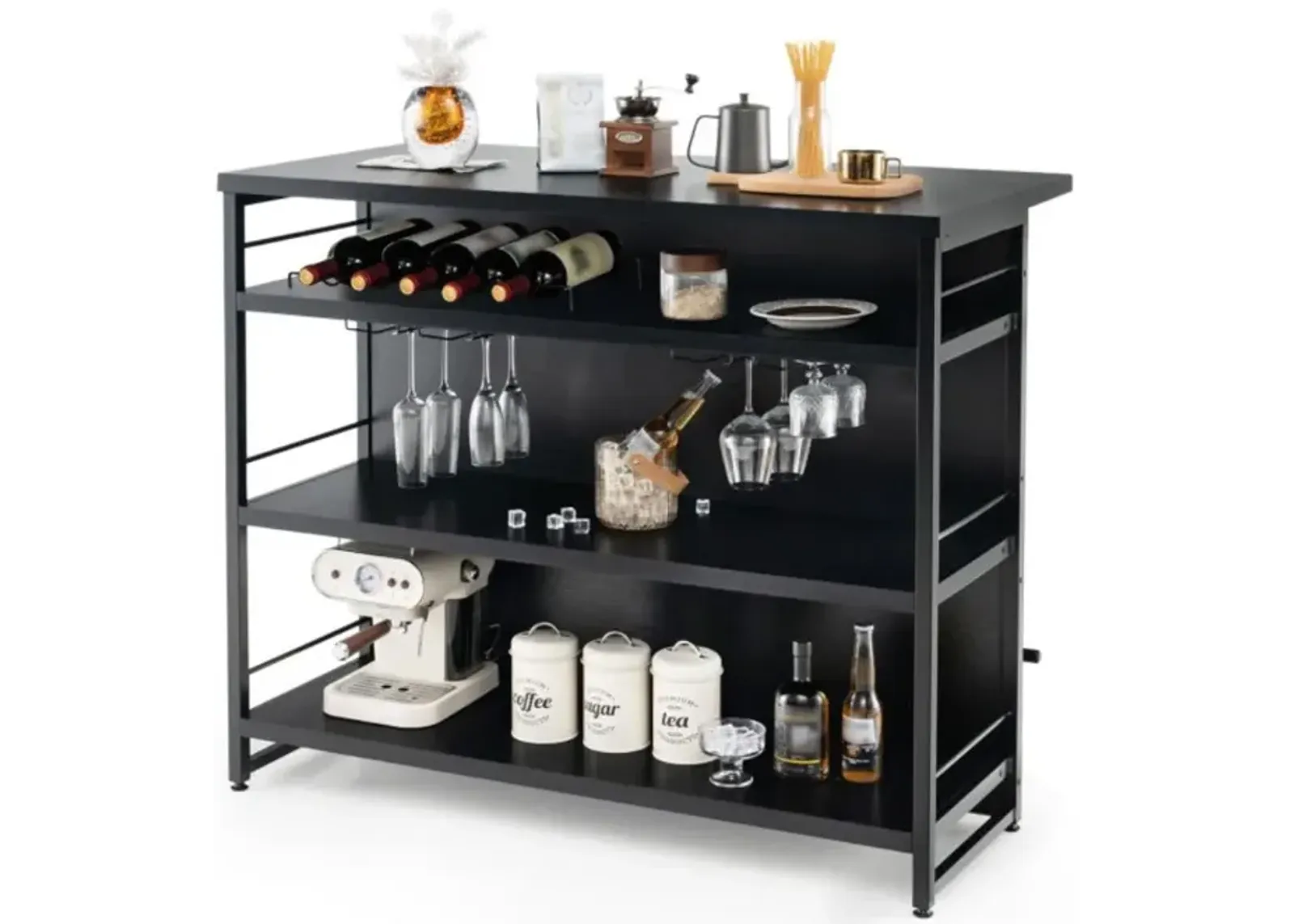 Hivvago Kitchen Island with 4-Tier Storage Shelf and Long Footrest for Home-Black