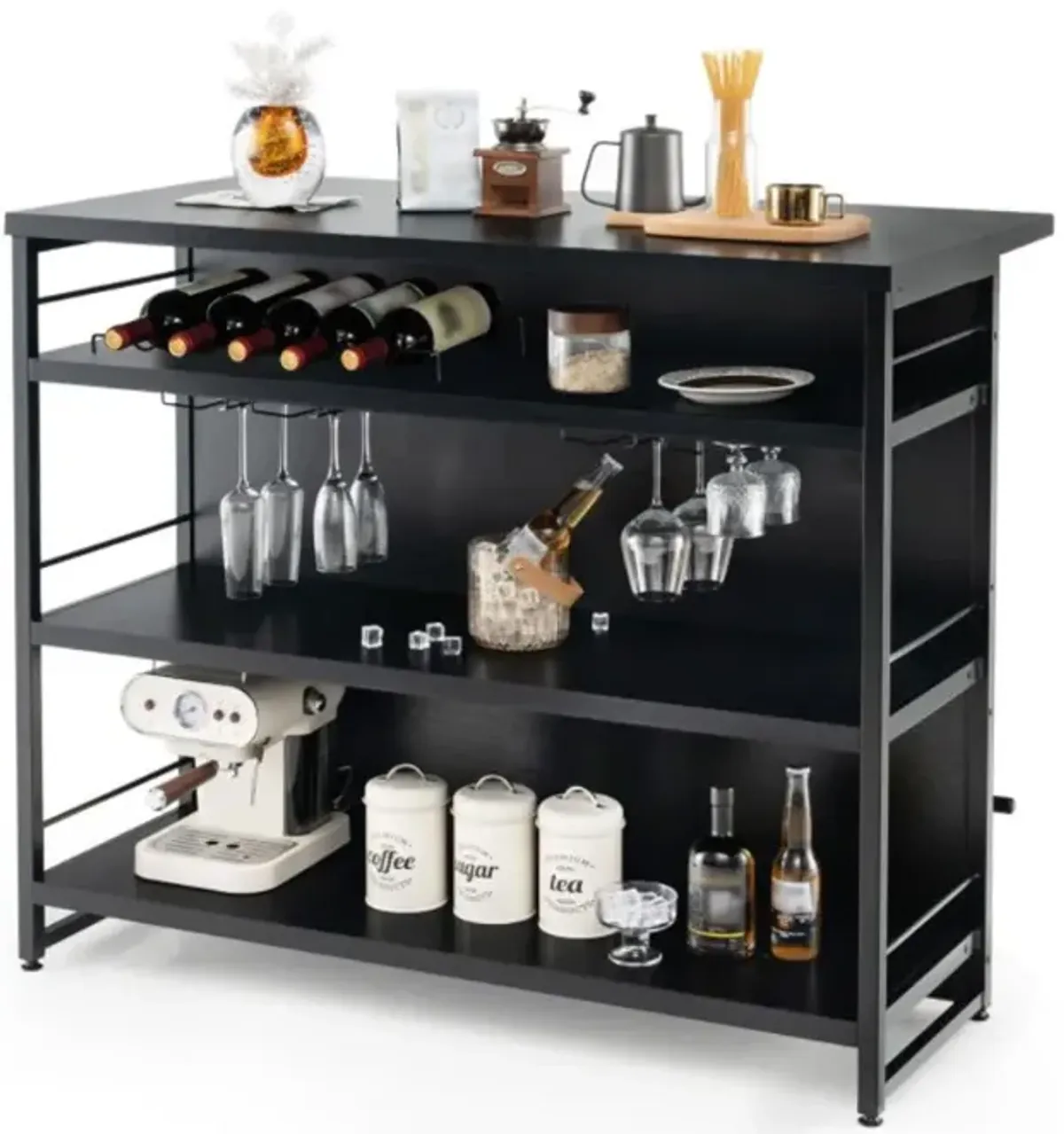 Hivvago Kitchen Island with 4-Tier Storage Shelf and Long Footrest for Home-Black