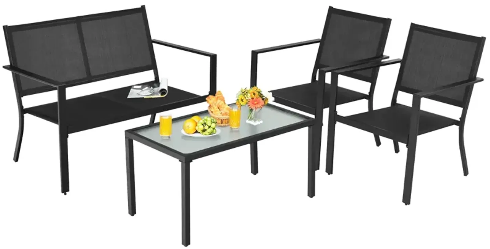 4 PCS Patio Furniture Set Sofa Coffee Table Steel Frame Garden-Gray