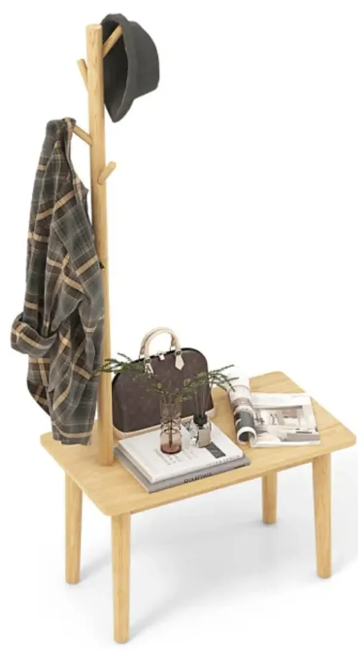 Hivvago End Table with Coat Rack Solid Wood Coat Tree with 2-in-1 Side Table