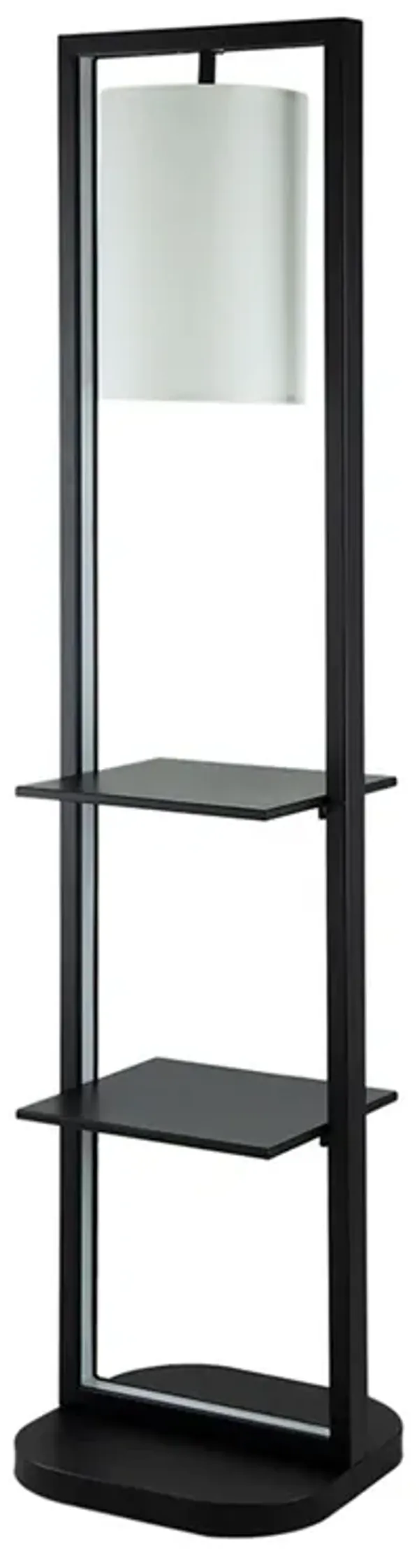 74 Inch Floor Lamp with 2 Shelves, Round Lampshade, Black Iron, White - Benzara
