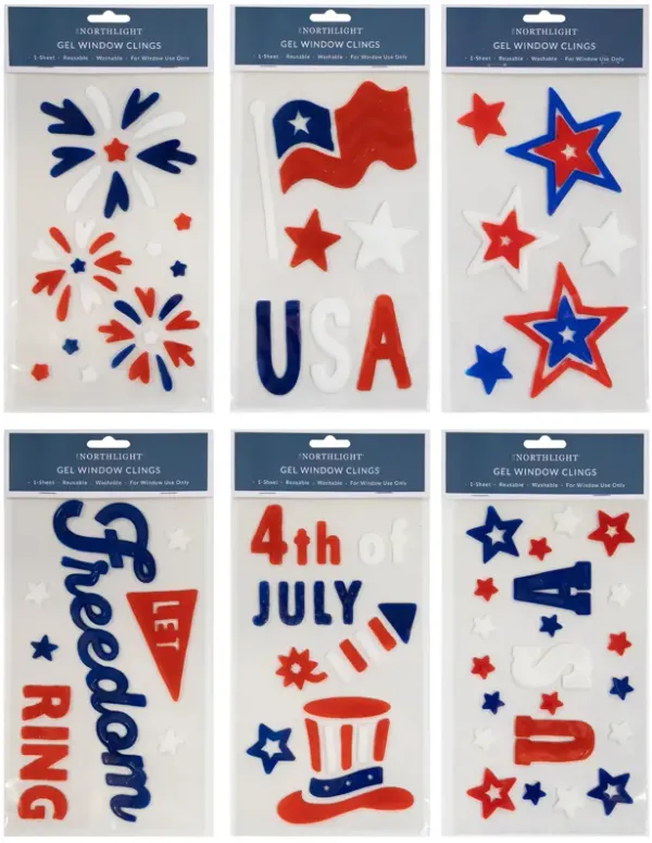 Set of 6 Double Sided Patriotic Celebration Gel Window Clings
