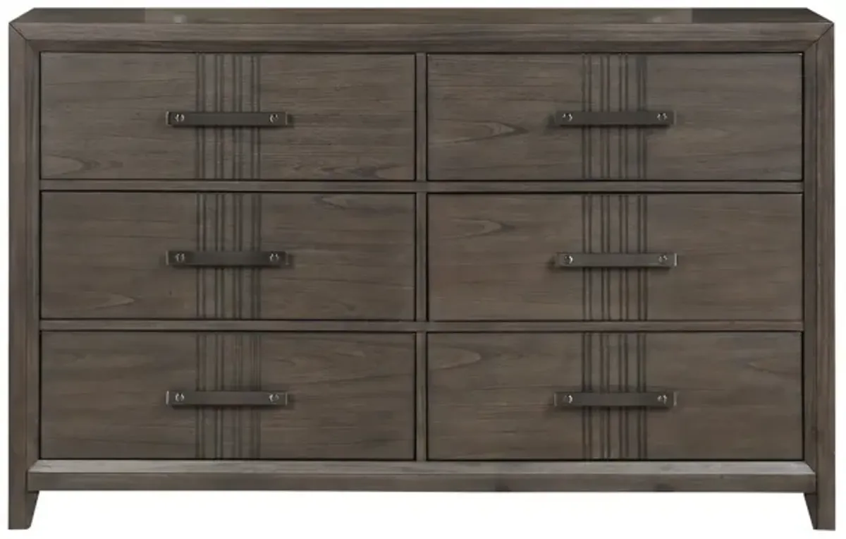 Benjara Brown Wali 62 Inch Dresser, 6 Drawer, Black Handles, Modern Walnut Finish