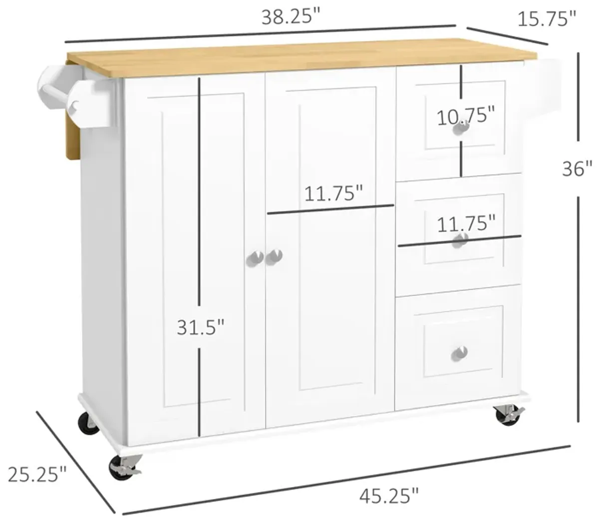 White Kitchen Helper: Rolling Island Cart with Drop Leaf & Storage