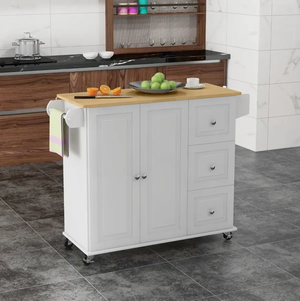 White Kitchen Helper: Rolling Island Cart with Drop Leaf & Storage