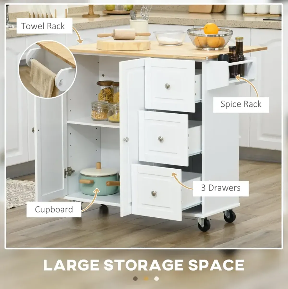 White Kitchen Helper: Rolling Island Cart with Drop Leaf & Storage