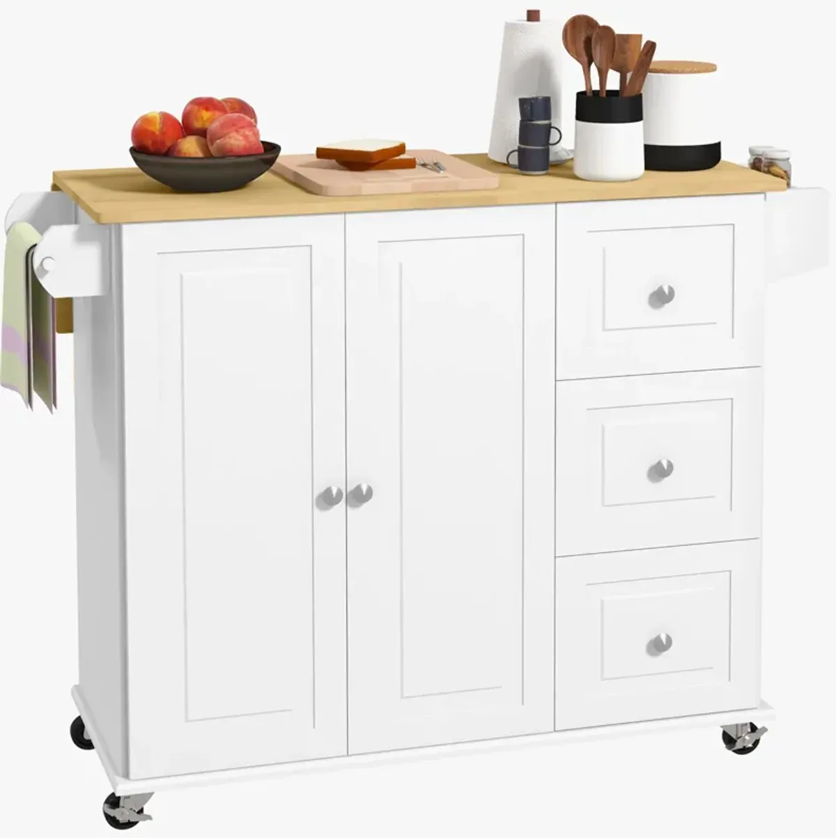 White Kitchen Helper: Rolling Island Cart with Drop Leaf & Storage