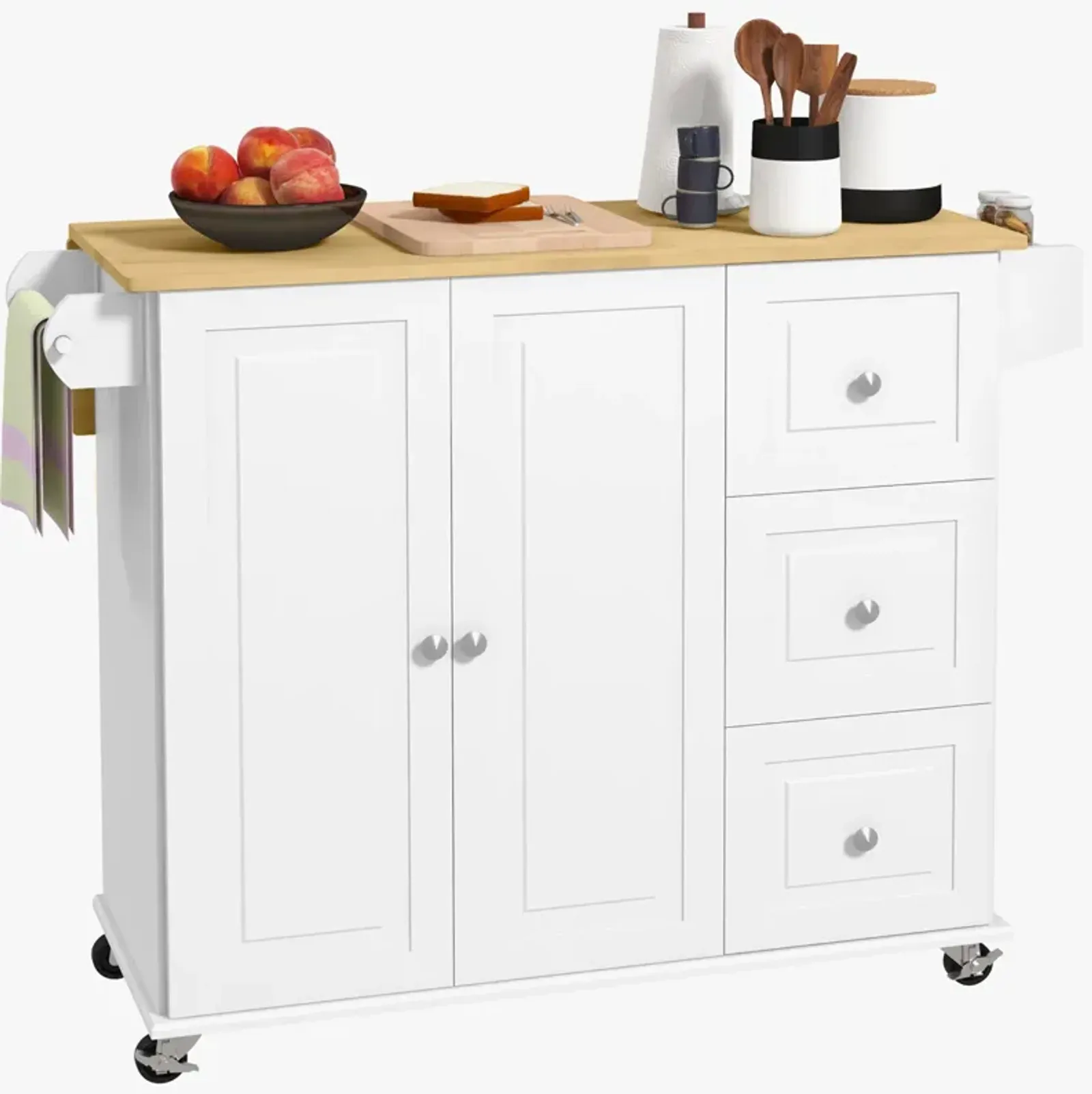 White Kitchen Helper: Rolling Island Cart with Drop Leaf & Storage