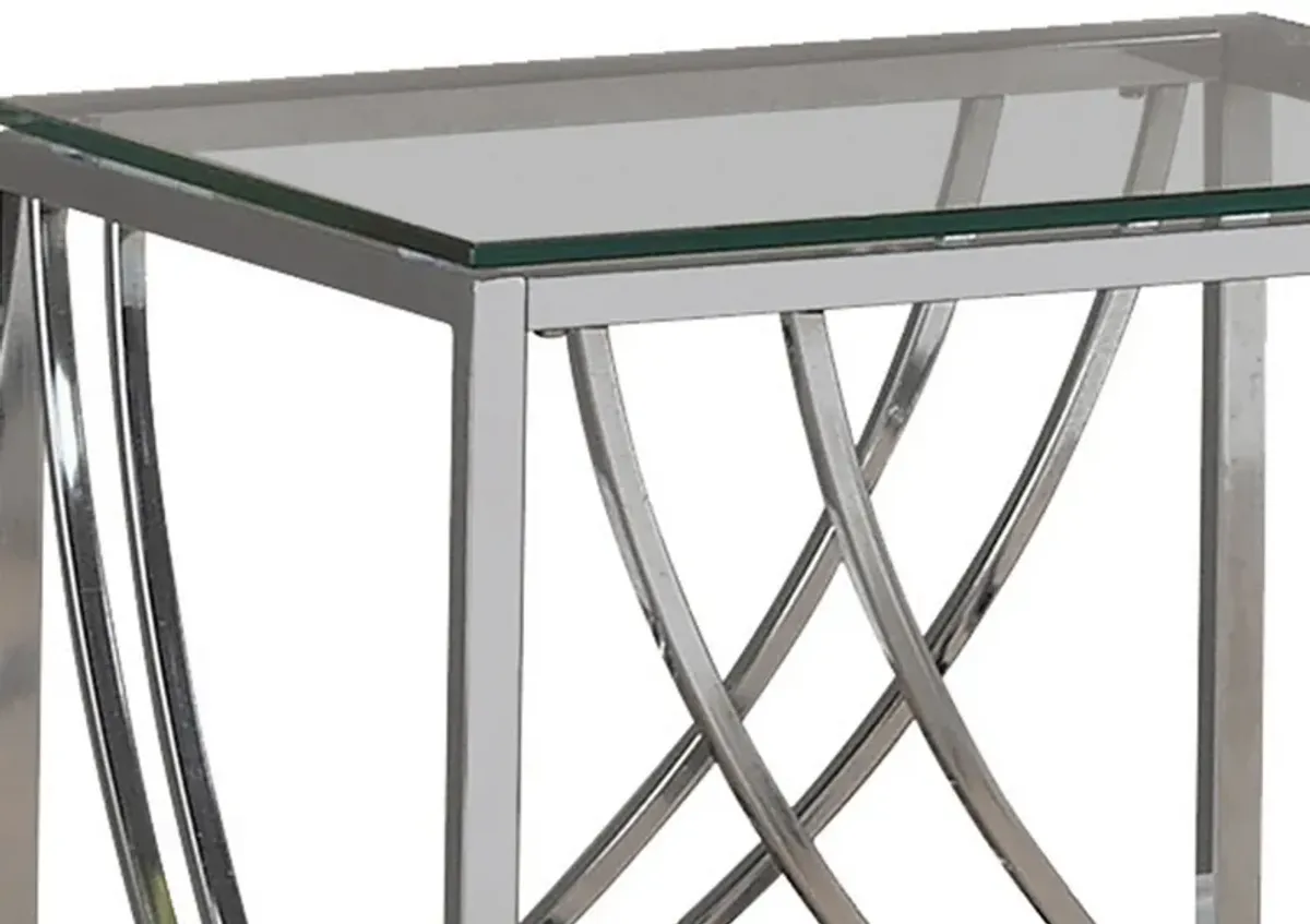 Tempered Glass Top End Table with Metal Tubular Legs, Chrome and Clear-Benzara