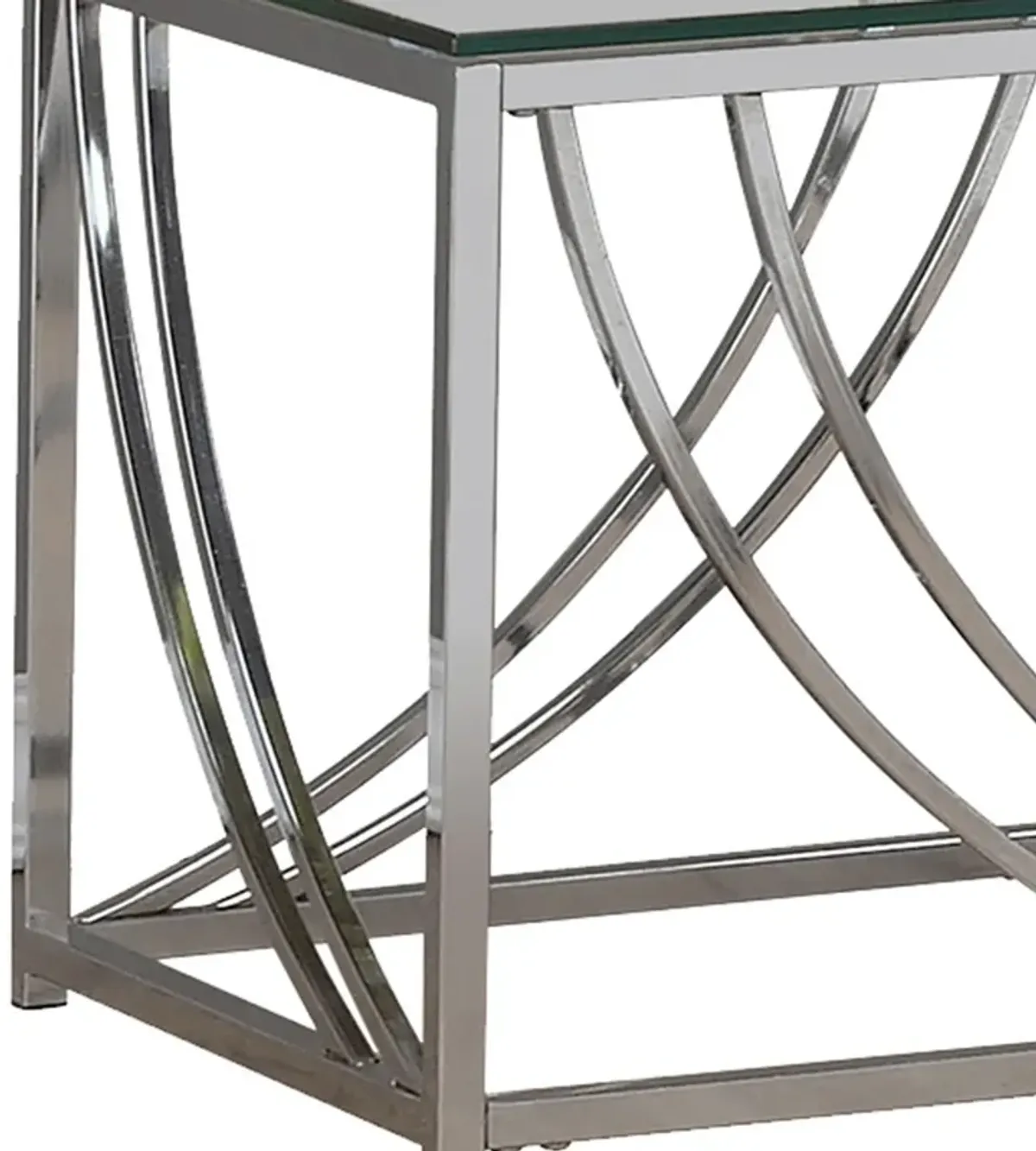 Tempered Glass Top End Table with Metal Tubular Legs, Chrome and Clear-Benzara