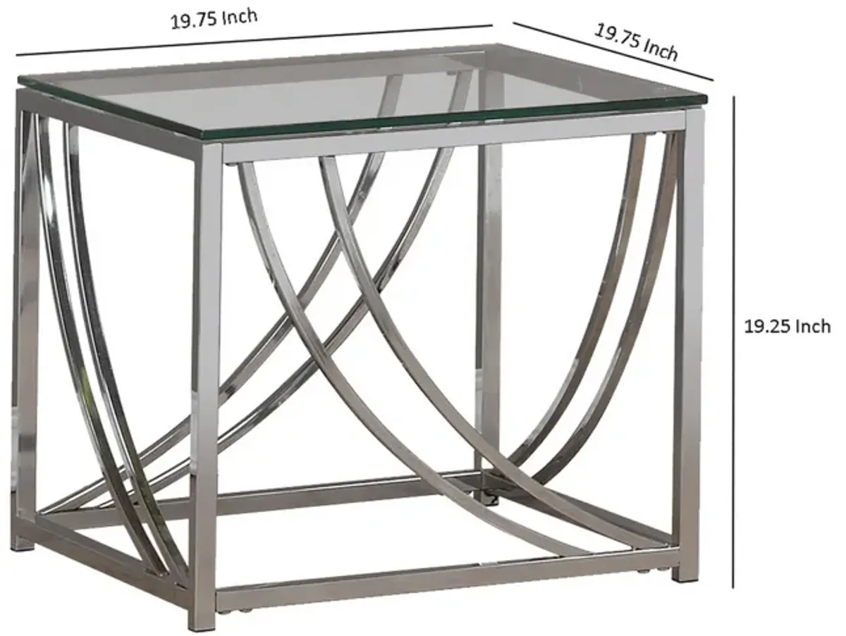 Tempered Glass Top End Table with Metal Tubular Legs, Chrome and Clear-Benzara