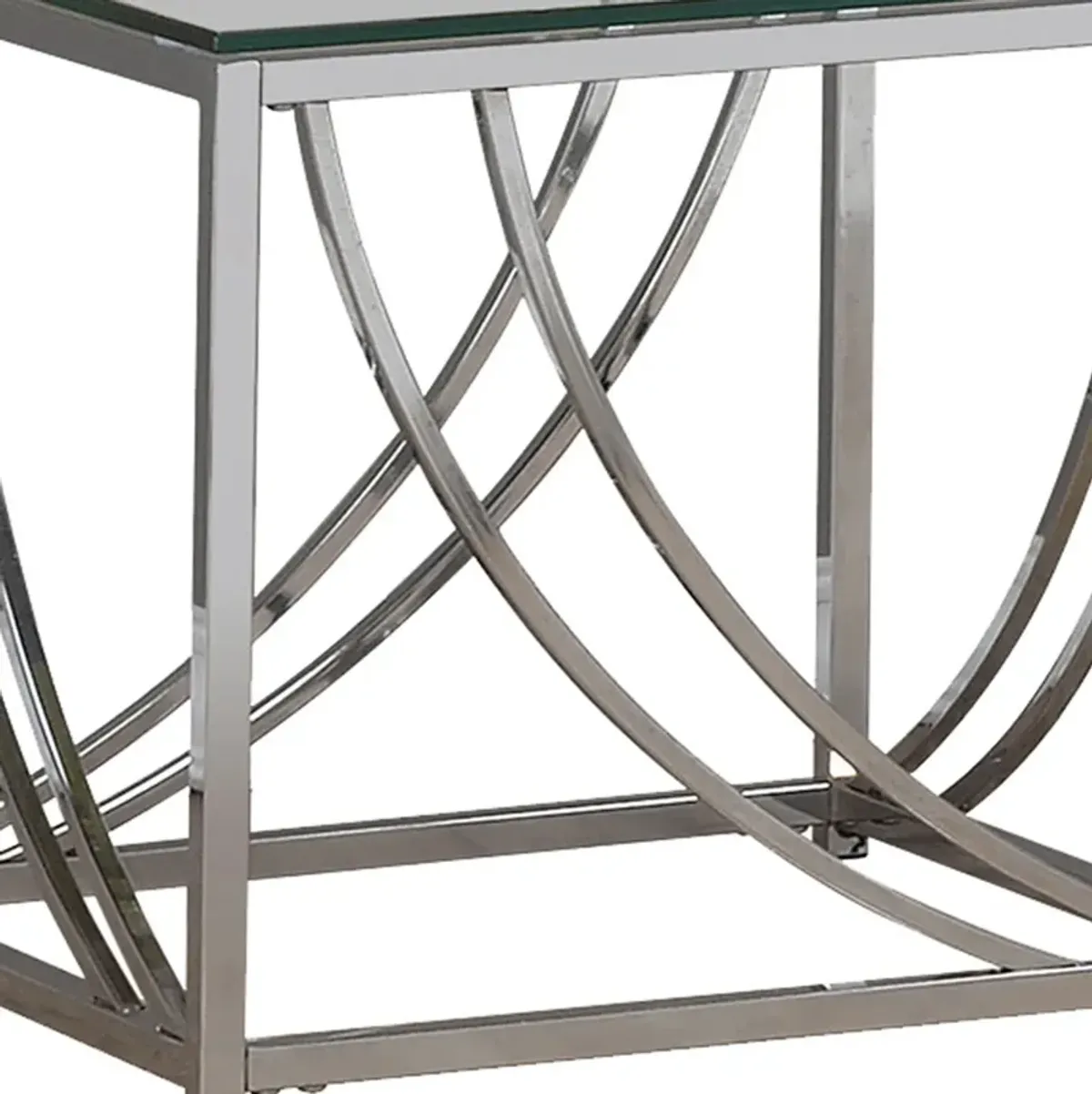 Tempered Glass Top End Table with Metal Tubular Legs, Chrome and Clear-Benzara