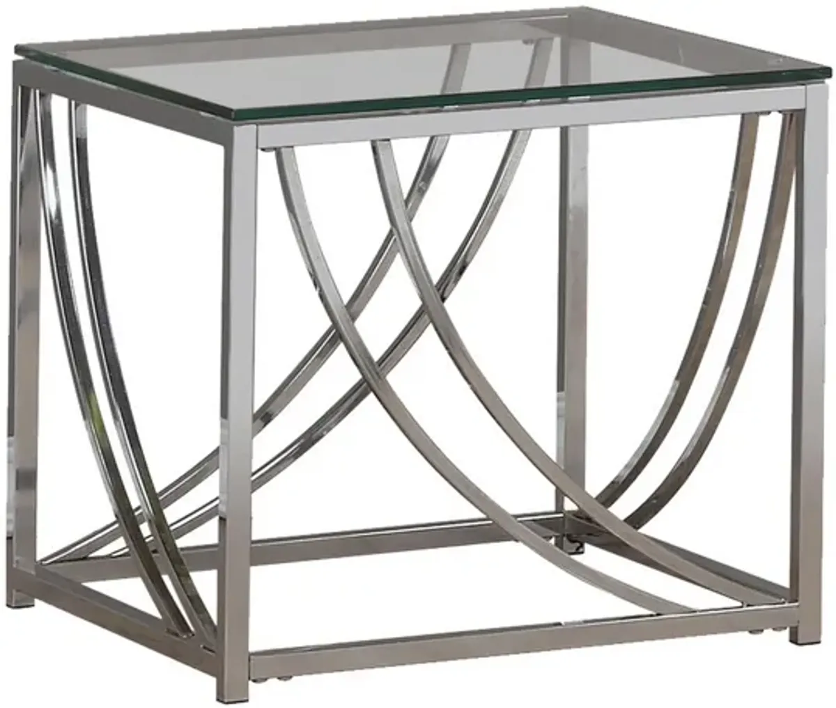 Tempered Glass Top End Table with Metal Tubular Legs, Chrome and Clear-Benzara