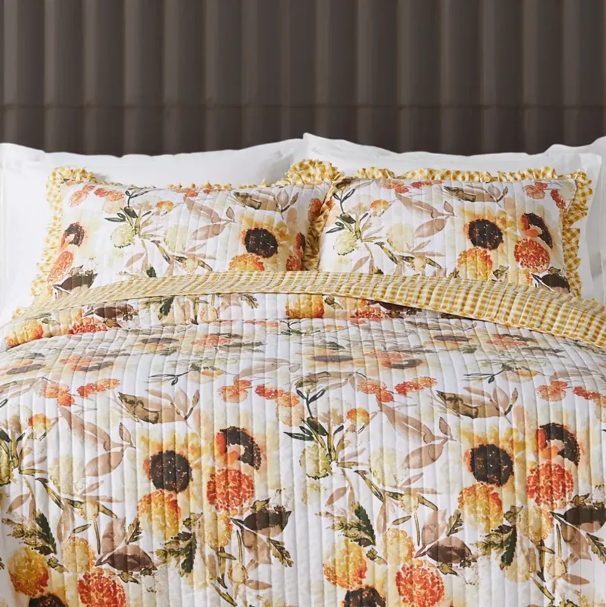 Kelsa Set of 2 Standard and King Floral Pillow Sham Set, Polyester, Gold-Benzara