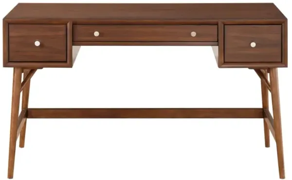 Brown Finish Stylish Writing Desk Storage Drawers Nickel Knob Hardware Walnut Veneer Wood Furniture