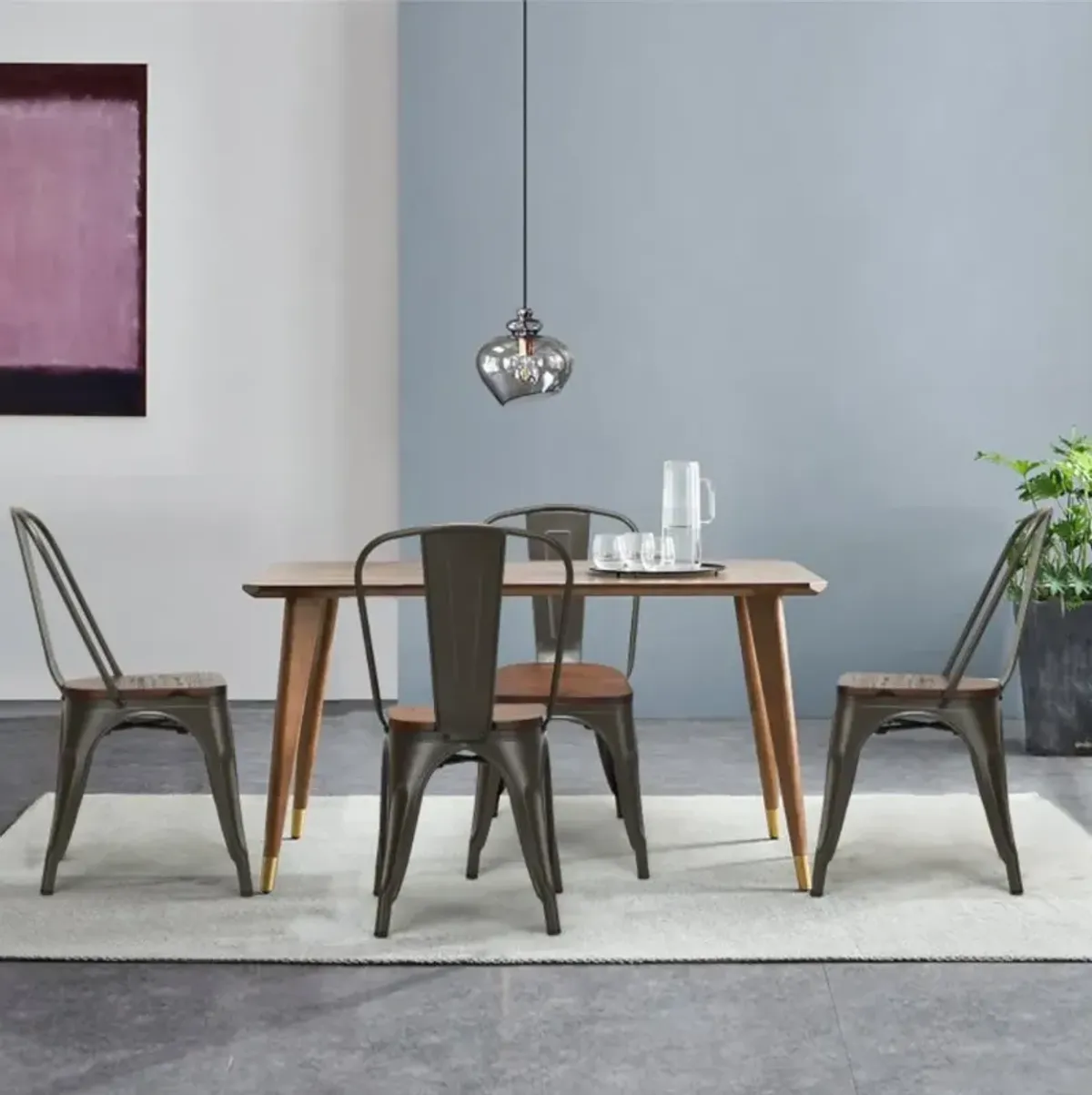 Hivvago 18 Inch Set of 4 Stackable Metal Dining Chair with Wood Seat