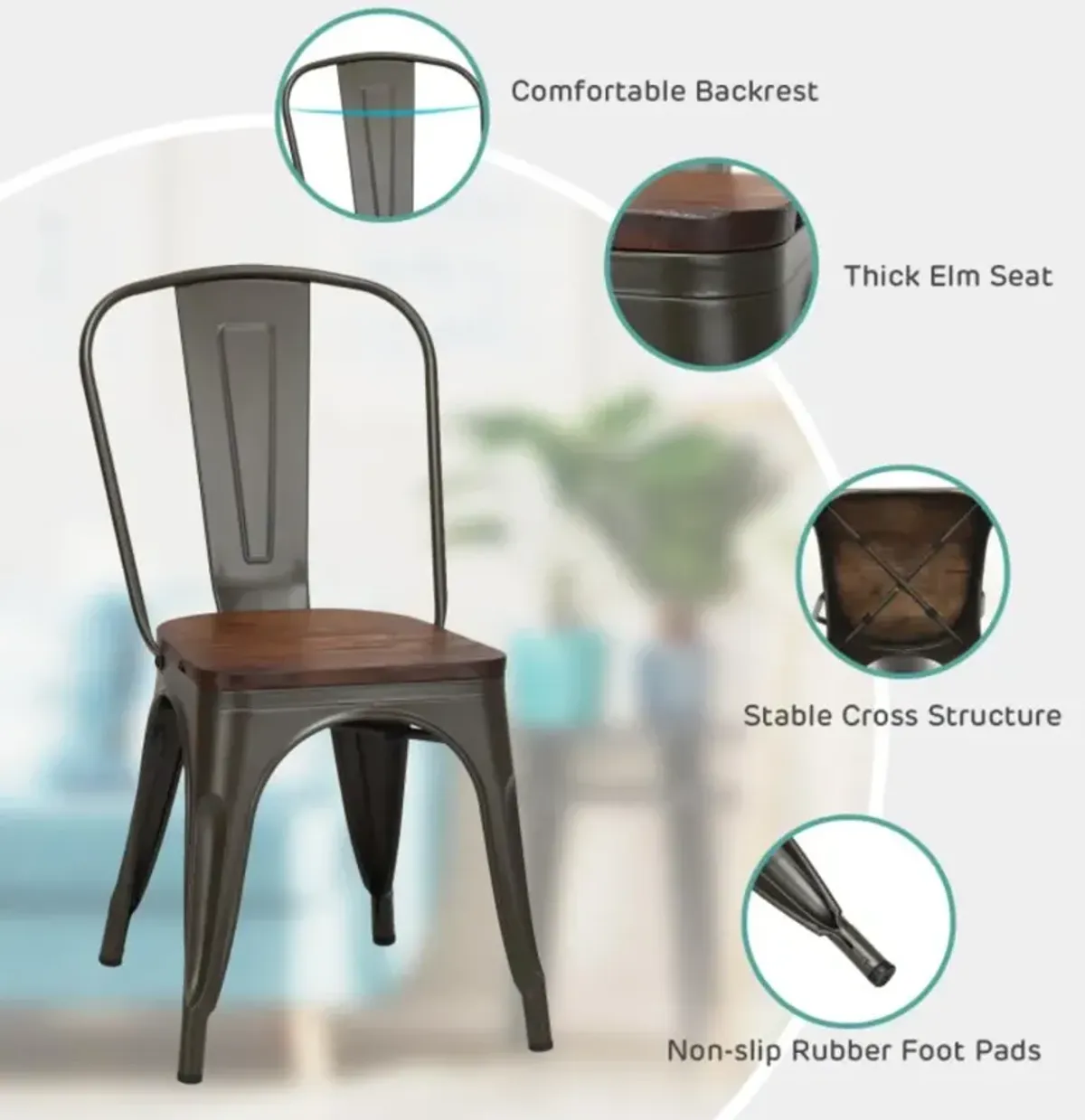 Hivvago 18 Inch Set of 4 Stackable Metal Dining Chair with Wood Seat